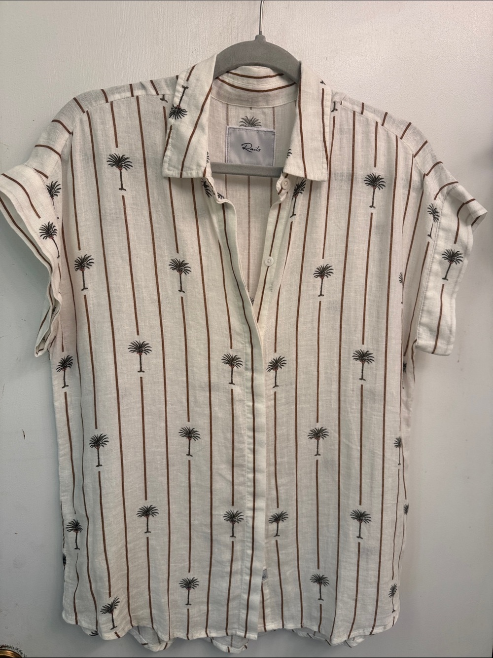 Rails Cream Button-Up Shirt with Brown Stripes and Black Palm Motif, $178.00 org